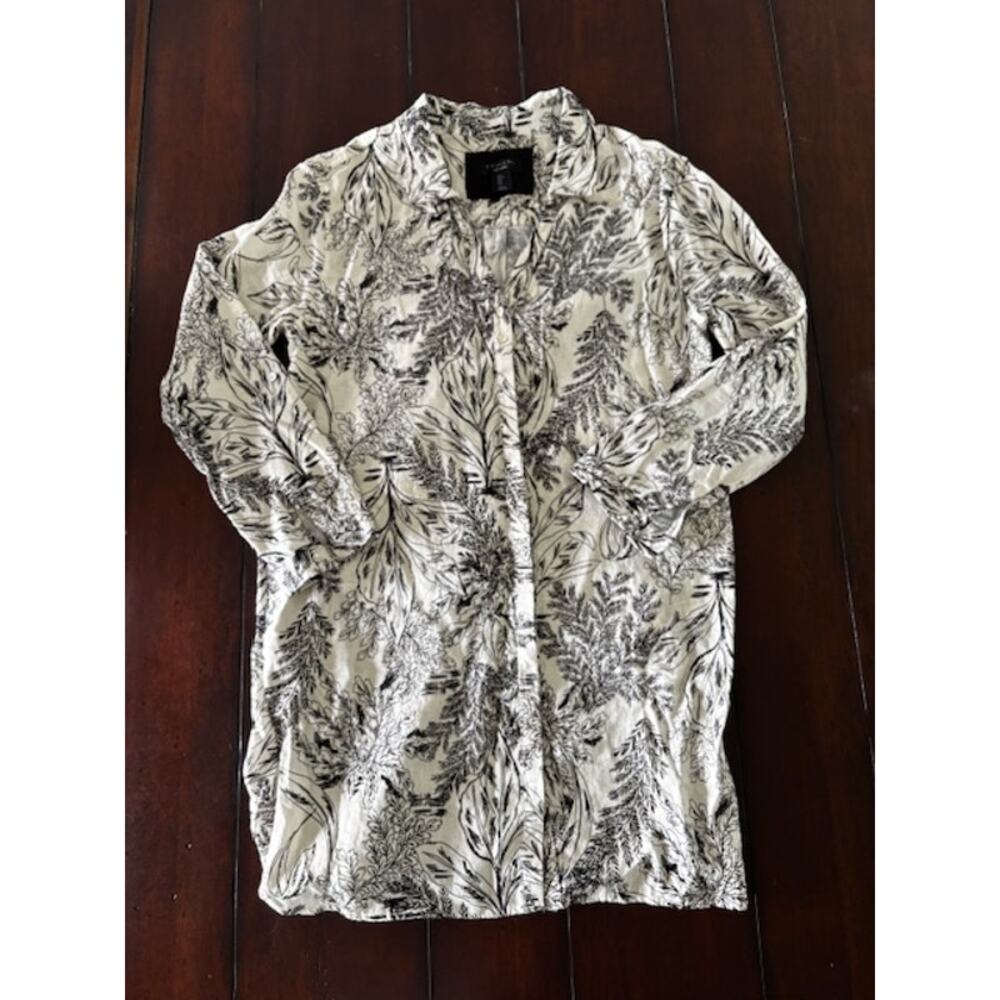 Tahari Large‎ 100% Linen Long Tunic Blouse White Black Botanical Print Shirt